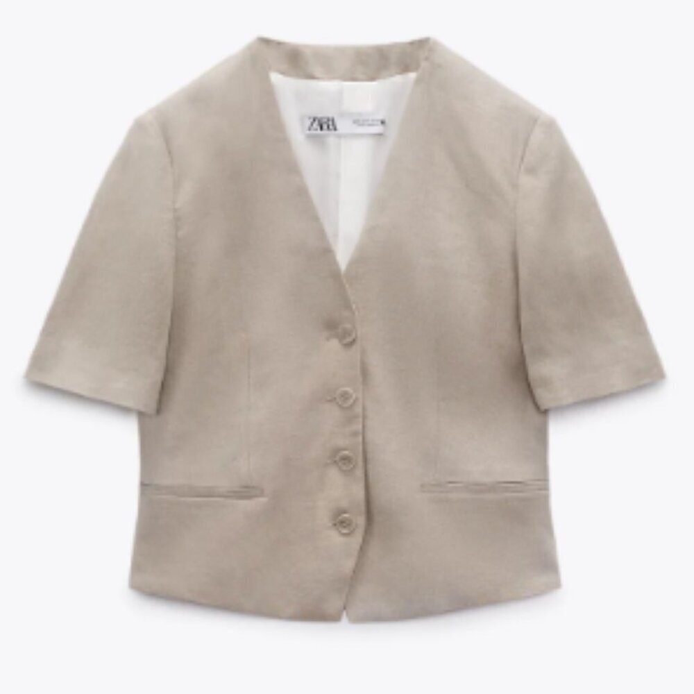 Zara Beige Short-Sleeve Button Front Jacket